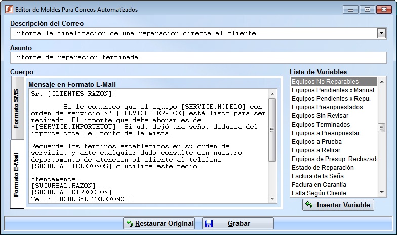 Editor de moldes de correo electrónico y sms